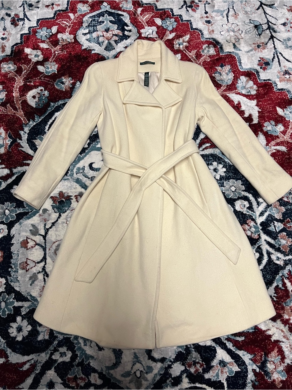 💯 Authentic Ralph Lauren Cashmere and Wool Blend Cream Wrap Belted Coat